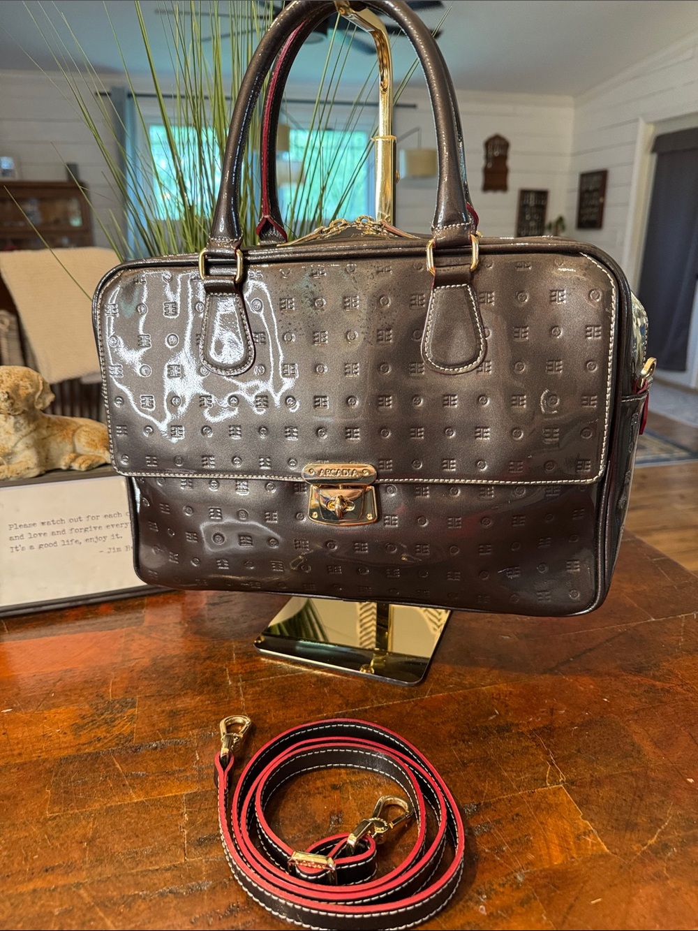 Boconi Black Embossed Leather Laptop Briefcase with Red-Trim Strap